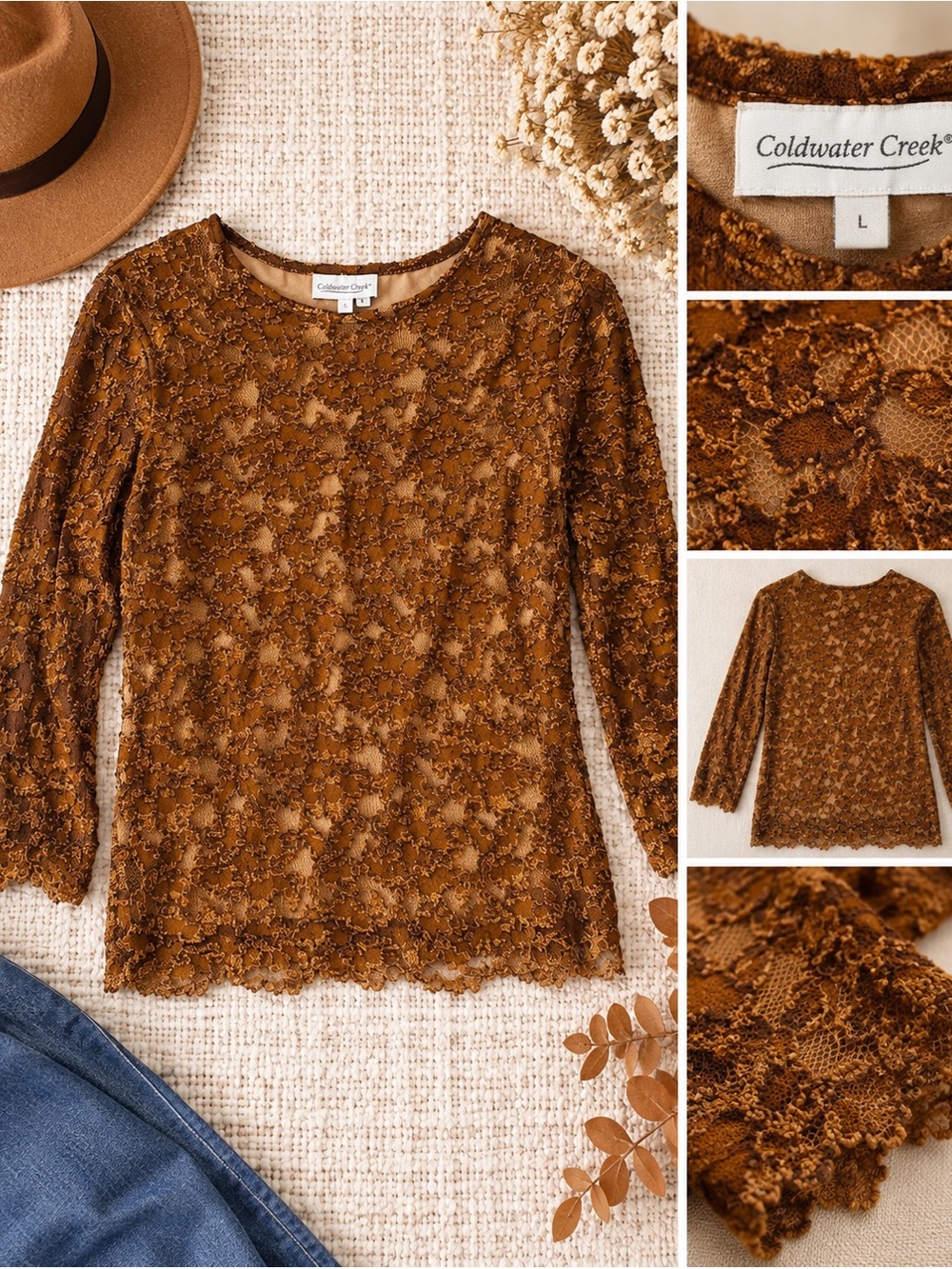 Coldwater Creek Brown Lace Top L Fall Boho Long Sleeve Sheer